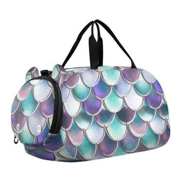 Imagem de Bolsa esportiva para meninos durante a noite para o fim de semana, bolsa de viagem para meninas, bolsa esportiva, arco-íris, quadriculado, retrô, retrô, Escamas coloridas turquesa 2, Clássico