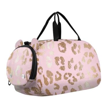 Imagem de Bolsa esportiva para meninos com desenho animado colorido de gatos rosa vibrante durante a noite para meninas para viagem, academia, bagagem infantil, Oncinha rosa e manchas douradas, Clássico