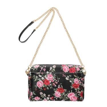 Imagem de Joitme Bolsa feminina floral rosa vermelha rosa rosa preta bolsa de ombro de couro PU com alça de corrente bolsa para celular