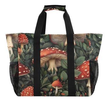Imagem de Bolsa de viagem com tigre da selva, impermeável, reutilizável, para cozinha, supermercado, lona, natação, animal, praia, bolsas femininas modernas, Verde cogumelo retrô, 15.4 X 9.8 X 12.8 inch
