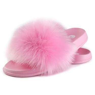 Imagem de Chinelo feminino de pele sintética, bico aberto, chinelo de pele fofo, confortável para uso interno ou externo com pele fofa, Rosa sintético, 11.5-12