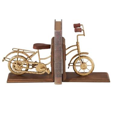 Imagem de Deco 79 Suportes de livros decorativos de madeira para bicicleta antiderrapantes, conjunto de 2 suportes para livros de escritório 18 cm L, 22 cm A, latão