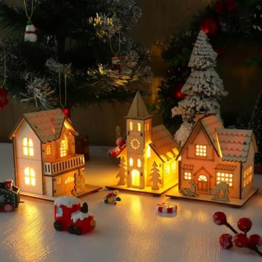 Imagem de VICASKY 3 peças, casas pequenas, artesanato de madeira, Natal, vila, madeira, mini papelão, minúsculo, branco, miniatura, cerâmica, luz LED com bateria, mesa de paisagem inacabada, centro de mesa