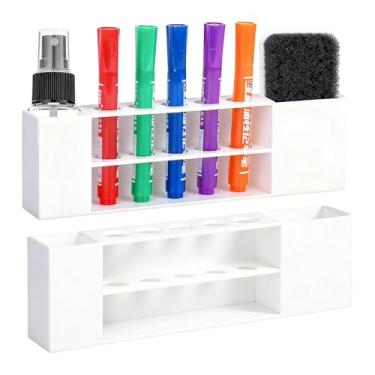 Imagem de Goklmn Pacote com 2 marcadores apagáveis a seco para quadro branco, organizador de canetas de acrílico com 8 compartimentos, acessórios de armário para casa, escritório e escola (marcadores, borracha