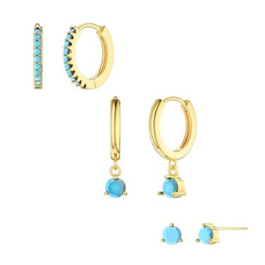 Imagem de Freekiss Conjunto de 3 pares de brincos de argola de ouro: brincos delicados modernos pequenos banhados a ouro 14 K, hipoalergênicos, cartilagem, brincos de argola para mulheres, joias de ouro para