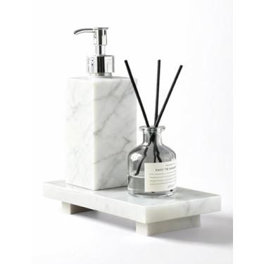 Imagem de EXCHUES Bandeja de mármore para balcão de cozinha, suporte de mármore real feito à mão 20 x 10 x 3,6 cm, bandeja de sabão e tábua de servir, pedestal para decoração de casa (branco calacatta)
