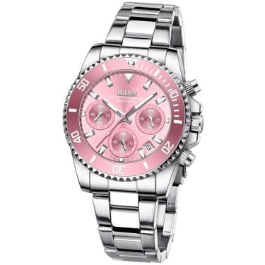 Imagem de Relógio feminino elegante com cronógrafo giratório, vidro mineral, luminoso, aço inoxidável, à prova d'água, data, analógico, quartzo, moderno, para negócios, vestido de pulso, Prateado, rosa