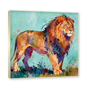 Imagem de NHLDZYH Moldura dourada. Arte abstrata de respingos de leão, pintura colorida de animais em tela, decoração de parede expressiva moderna para sala de estar ou escritório. A08. 40 x 40 cm - 15,7 x 15,7