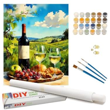 Imagem de Kit de pintura de vinho e alimentos por números para adultos - Piquenique de vinhedo DIY com pintura de vinho e croissants em tela enrolada 40,6 x 50,8 cm, conjunto de tinta acrílica para iniciantes