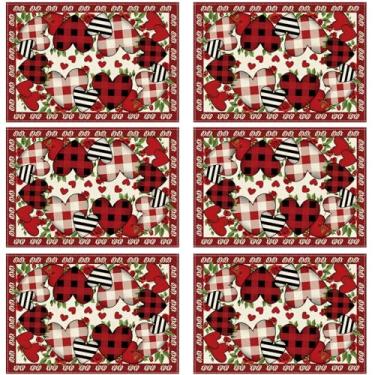Imagem de XCHI Jogo americano xadrez búfalo, coração, rosas, flores, dia dos namorados, conjunto de 6 tapetes de mesa para festa, casa, cozinha, decoração de mesa de jantar, 30 x 45 cm