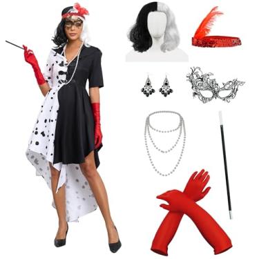 Imagem de LILLIWEEN Fantasia feminina preto e branco fantasia de filme clássico cosplay conjunto completo de luvas Halloween cosplay (tamanho dos EUA)