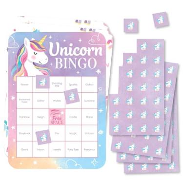 Imagem de Big Dot of Happiness Cartões de bingo e marcadores de unicórnio, atividades de jogo de bingo de festa de aniversário de unicórnio arco-íris para meninas - Conjunto de 18