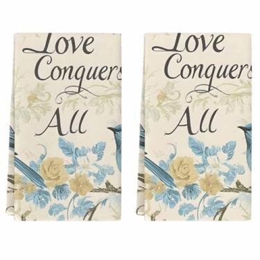 Imagem de Pacote com 2 toalhas de cozinha, pano de prato macio absorvente com laço para pendurar, toalha de prato de pássaro de flor vintage para pratos de secagem doméstica aquarela retrô floral barra de chá