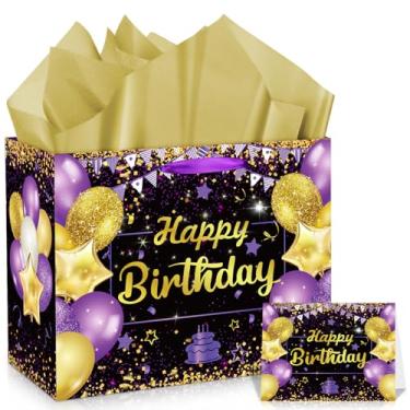 Imagem de Wayyogh Bolsa de presente de aniversário dourada roxa para presente de feliz aniversário com cartão e papel de seda para meninas, mulheres, lembrancinhas de festa de aniversário, crianças e adultos