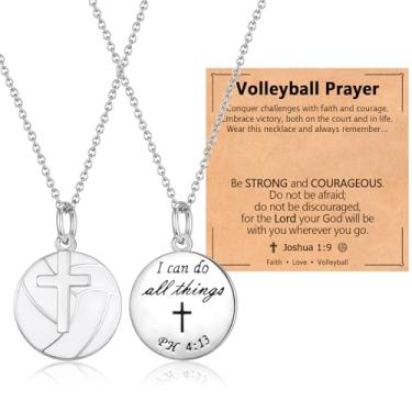 Imagem de EPIRORA Colar de softbol/futebol/vôlei, basquete, beisebol/tênis para meninas, 40,6 cm + 5 cm, colar com pingente de cruz, versículo bíblico de aço inoxidável, presente religioso para ela, Latão, Sem