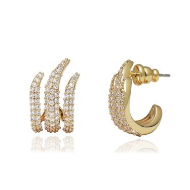 Imagem de Obidos Brincos femininos de ilusão banhados a ouro 14K | Brincos de argola tripla para um orifício| Acessórios modernos simples, hipoalergênicos, modernos, joias de ouro, presentes para mulheres