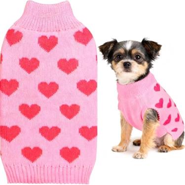 Imagem de Suéter de cachorro com coração rosa, suéter fofo de cachorrinho, roupa de dia dos namorados, roupa de tricô para gatos, roupas quentes para animais de estimação, suéteres para cães médios, meninas