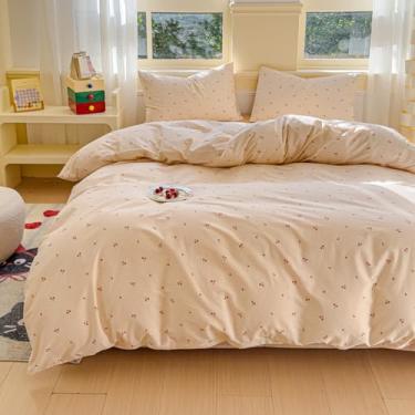 Imagem de LIWHENHAO Conjunto de capa de edredom de cereja Queen 100% algodão desenho animado cerejas vermelhas estampa bege 1 linda fruta cottagecore capa de edredom casal 2 fronhas para crianças, meninas