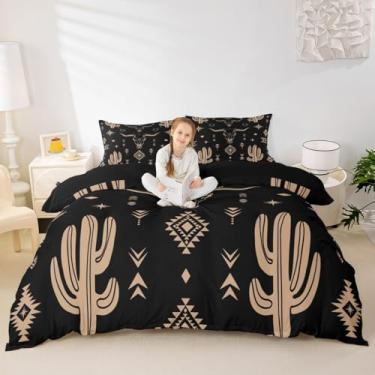 Imagem de Erosebridal Jogo de cama casal de caveira de touro, caubói ocidental, vintage, sudoeste, boêmio, geométrico, cacto, tribal, exótico, étnico, preto, marrom