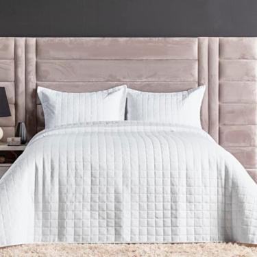 Imagem de Kit Colcha Bouti Cobre Leito Casal Tecido Estampado Dupla Face 03 Peças - Fronhas Aba Americana - Matelado (2,10m x 2,40m) (BRANCO COB02)