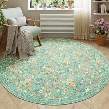 Imagem de Clemile Tapete redondo floral 15 x 15 - Tapete antiderrapante vintage para sala de estar lavável - Tapete macio e resistente a manchas para cozinha, quarto, sala de jantar, interior, berçário, verde