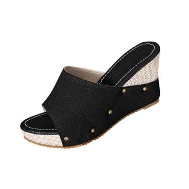 Imagem de Sandálias femininas de palha para primavera, verão, sapatos casuais confortáveis com salto de 8,5 cm, Preto, 35