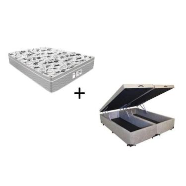 Imagem de Cama Box Baú King 193 Bipartido Tecido Suede Bege com Colchão de Molas