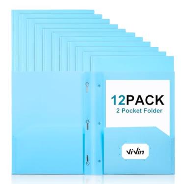 Imagem de ViVin Pasta de plástico resistente com bolsos, pacote com 12, pastas resistentes de dois bolsos de 3 pinos, comporta papel tamanho carta, pastas de arquivo com slot para cartão de visita para escola