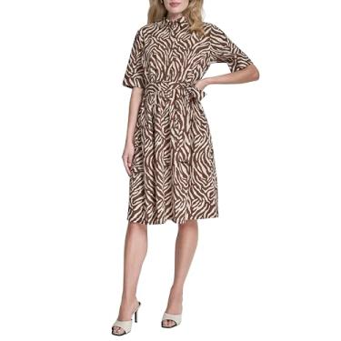 Imagem de DKNY Vestido feminino de popeline de algodão com gola e manga 3/4, fondue/branco, 14