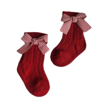 Imagem de Meias De Algodão Para Bebês Meninas Com Laço Vermelho, Aquecedores De 
