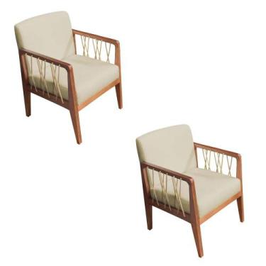 Imagem de Kit 02 Poltronas Barcelona Suede Bege Com Corda Náutica Champagne Base