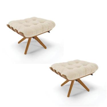 Imagem de Kit 02 Puffs Giratório Costela Linho Bege A19 Base Madeira - D'Rossi -