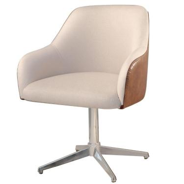 Imagem de Poltrona Decorativa Hera Linho Nude Couro Caramelo Com Base Giratória Em Alumínio