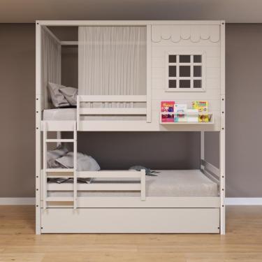 Imagem de Treliche Casinha Reta Com Grade Removível E Cortina Madeira Maciça Branco Housin