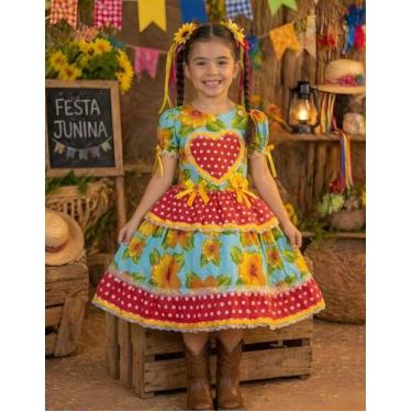 Imagem de Vestido Festa Junina Caipira Infantil Estampa Floral Coração - KIDSBEH