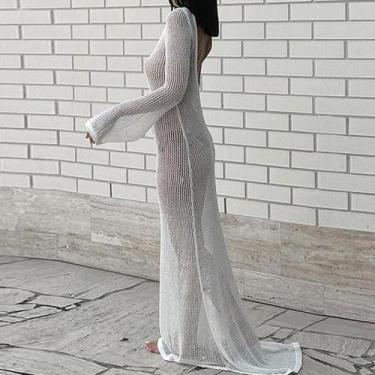 Imagem de Vestido De Praia Feminino Sem Costas Em Tricô De Manga Longa Transpare