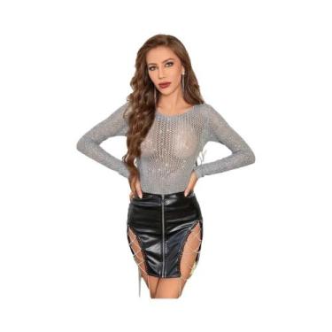 Imagem de Body Feminino Sexy De Rede Com Manga Comprida, Strass Brilhantes, Ajus