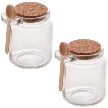 Imagem de Conjunto Porta Tempero 240ml Colher Tampa Bambu 2 Potes Vidro Cozinha 