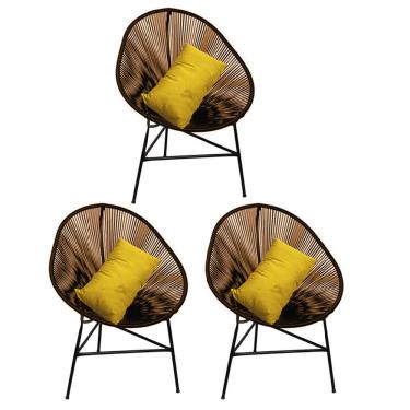 Imagem de Kit 03 Poltrona Cadeira Acapulco Plus com Almofada Quadrado Marrom Tecido Sintético Amarelo - Ahazzo Móveis