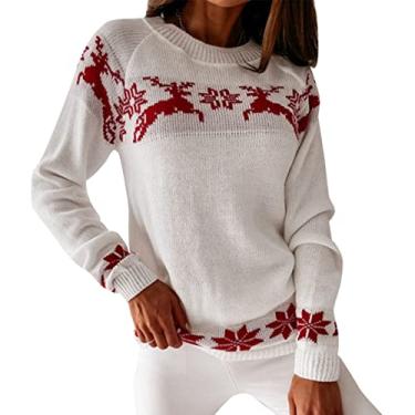 Imagem de Dawwoti Suéter feminino pulôver clássico jumpers rena flocos de neve camisetas fofas para ano novo, Branco, G