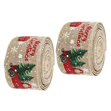 Imagem de Pssopp Fita de cetim de 5 metros vermelha fita de Natal retrô padrão de caminhão fita de embrulho de presente para artesanato DIY laços faixas de cabelo decoração de festa de casamento [cânhamo] fitas