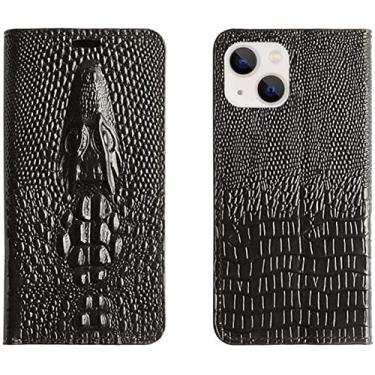 Imagem de KKFAUS Capa de telefone de concha de couro, para Apple iPhone 13 (2021) 6,1 polegadas cabeça de crocodilo em relevo folio stand case [slot para cartão] (cor: preto)