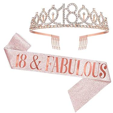 Imagem de Faixa de aniversário de 18 anos e tiara para meninas, coroa de aniversário de 18 anos e fabulosa faixa e coroa de aniversário, de 18 anos para meninas, suprimentos e decorações de festa, ouro rosa