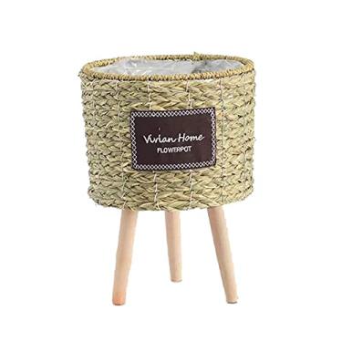 Imagem de Yajun Cesta de armazenamento de vaso de palha com pernas para jardim casa rattan decoração de vaso de flores sala de estar varanda vasos pastorais simples, branco, h/45cm