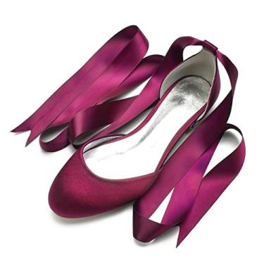 Imagem de Sapatos de casamento para noivas mulheres sapatilhas de cetim sapatilhas com fivela bico redondo sapatos sociais 36-44,Burgundy,3 UK/36 EU