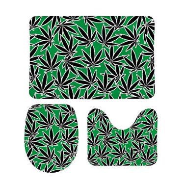 Imagem de Conjunto de 3 peças de tapetes de banheiro My Daily com folhas de cannabis verdes e pretas em formato de U para tapete de banheiro e tampa de tampa, tapete de chuveiro antiderrapante