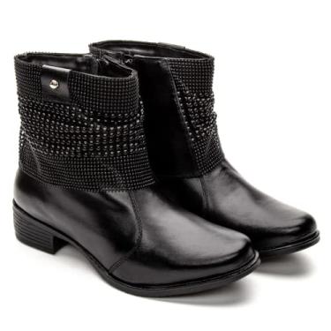 Imagem de Bota Feminina Couro Conforto Cano Curto Botinha Ziper Preta Cor:Preto;Tamanho:36;Gênero:Feminino