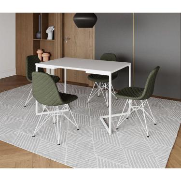 Imagem de Mesa Jantar Industrial Retangular Base V 120x75cm Branca com 4 Cadeiras Estofadas Verdes Aço Branco