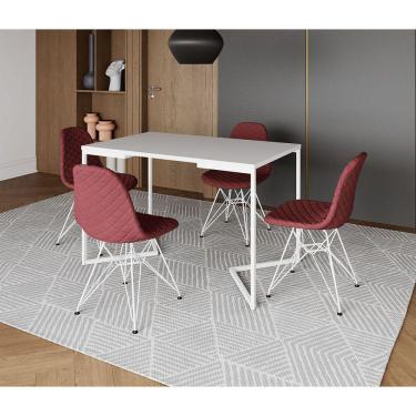 Imagem de Mesa Jantar Industrial Retangular Base V 120x75cm Branca com 4 Cadeiras Estofadas Vermelhas Aço Bran