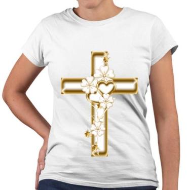 Imagem de Camiseta Baby Look Cruz Flor Coração Gospel Religiosa - Web Print Esta